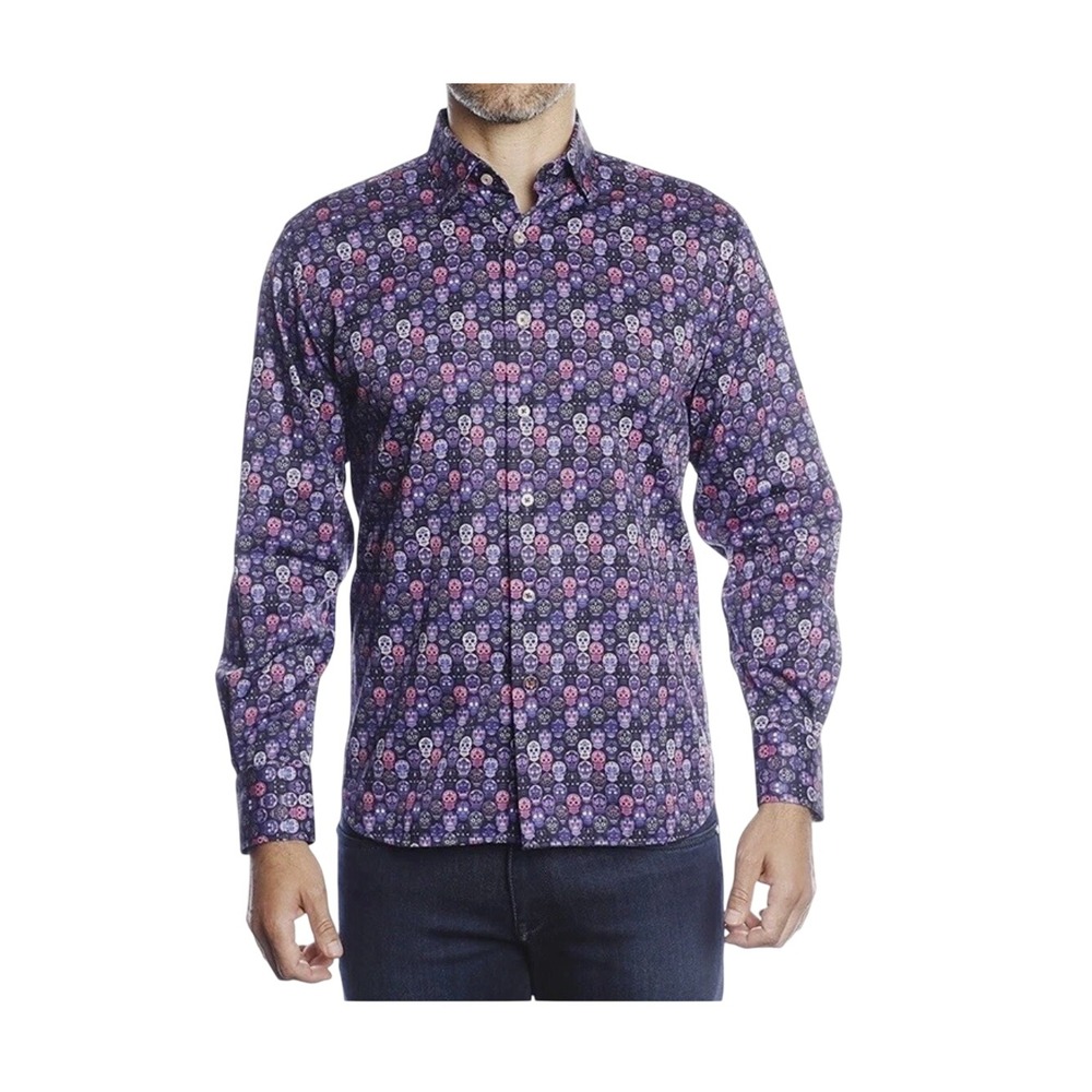 XXX Collection Men's Long Sleeve‎ Shirt Sugar Skull Print Purple Size M